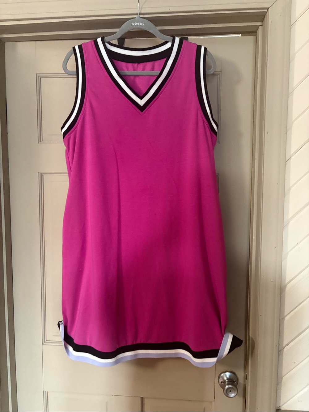 Sleeveless V-Neck Fuchsia Midi Dress with Contrast Stripe Trim